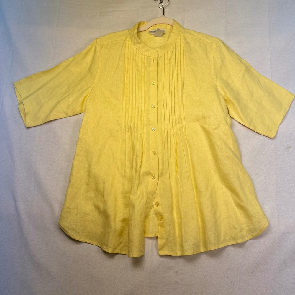 Chadwicks Yellow 100% Linen Pintuck Mandarin Collar Button Down Shirt 16